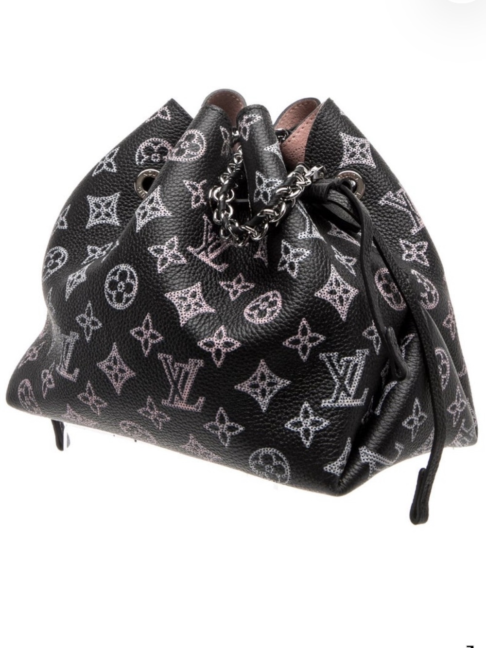 Black Monogram Mini Drawstring Bucket Bag with Silver Chain m.2.B1
